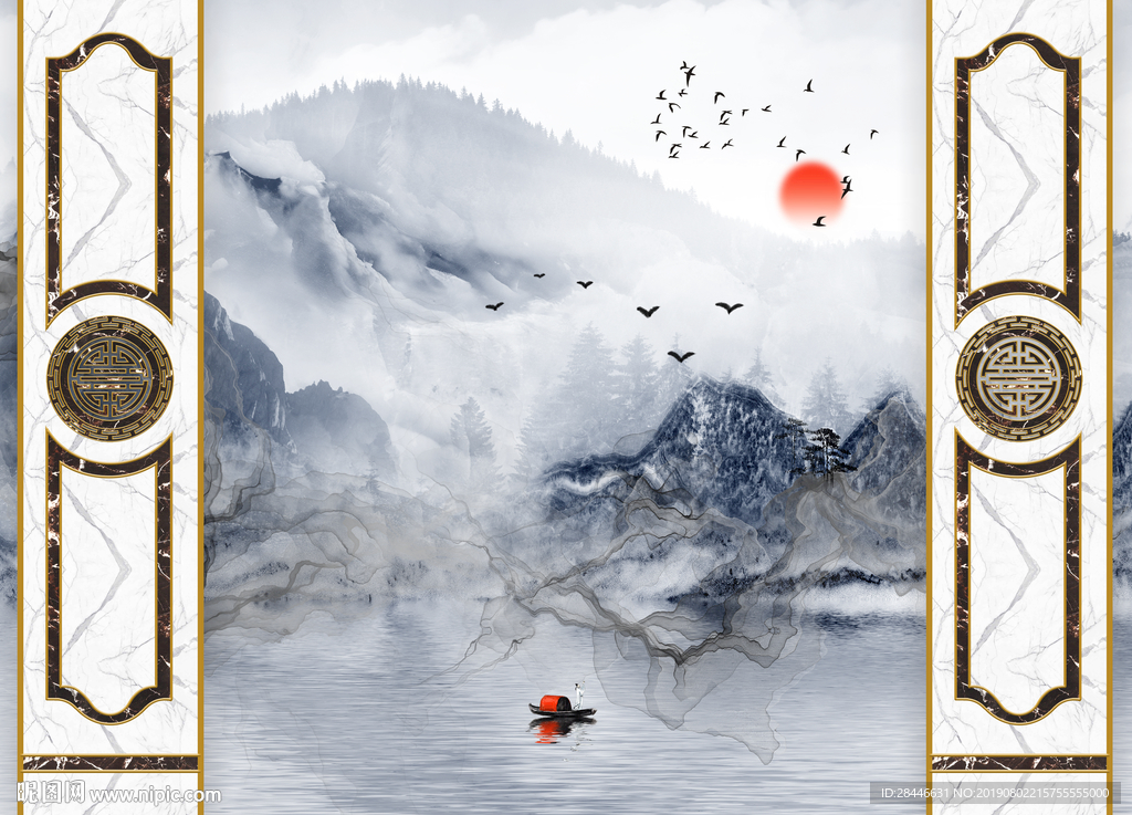 新中式护墙板水墨曲线意境山水