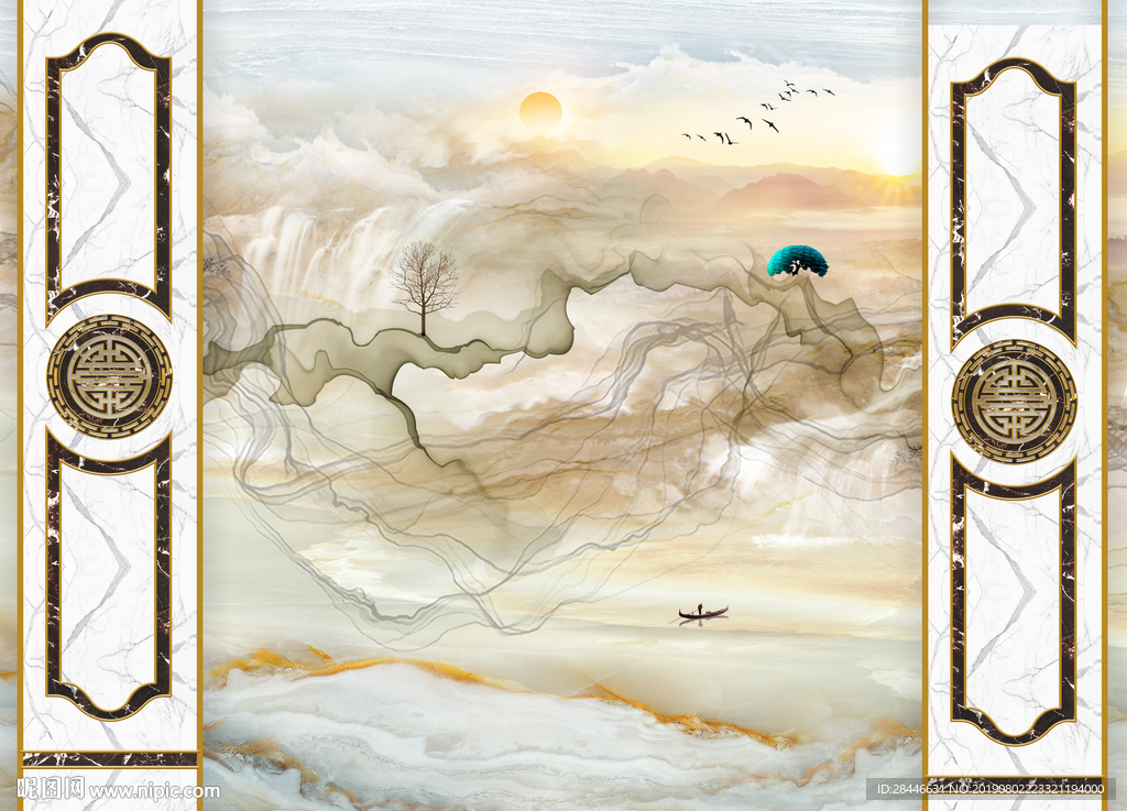 新中式护墙板水墨曲线意境山水