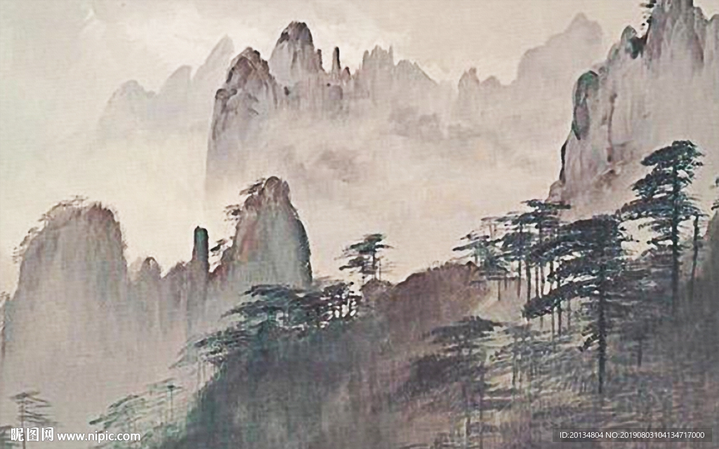 手绘山水松树水墨画背景墙