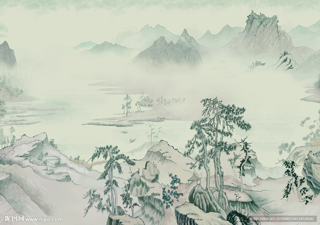 意境山水高清手绘背景墙