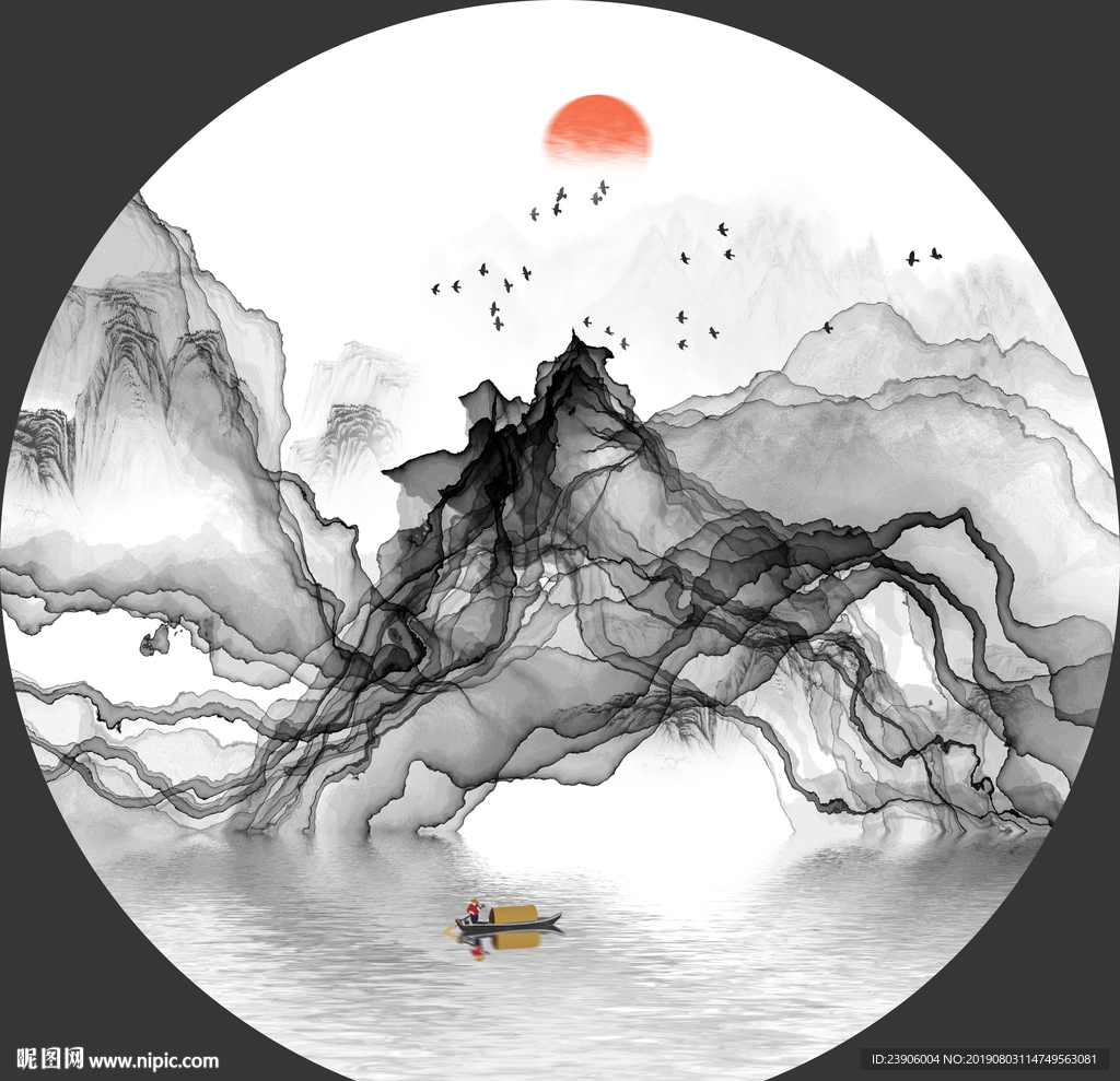 圆形水墨画 大型山水装饰画