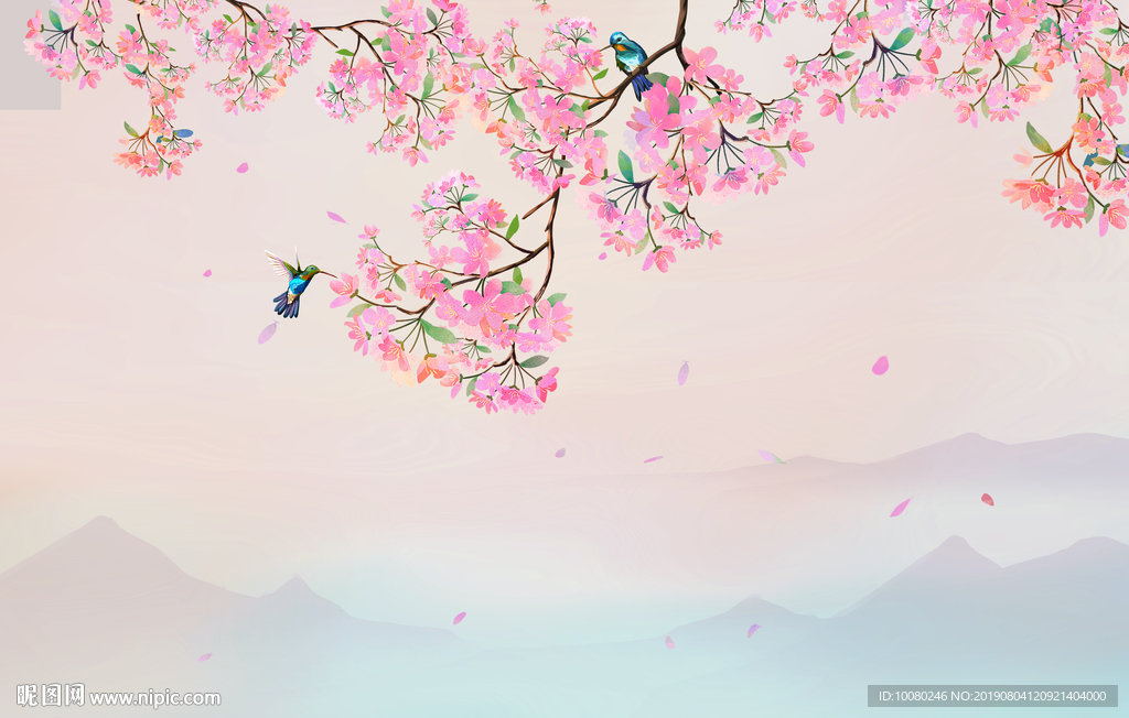 樱花壁画 国画梅花 桃花花鸟