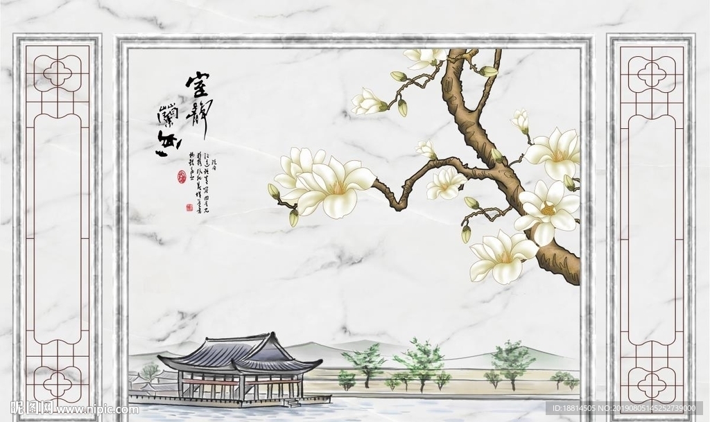 新中式爵士白兰花大板背景墙