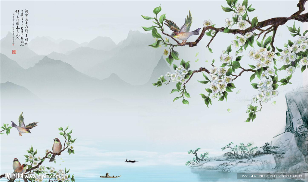 新中式手绘工笔花鸟背景墙