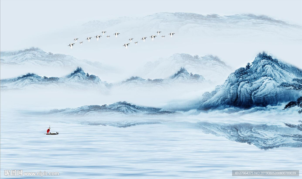 新中式抽象蓝色山水倒影风景背景