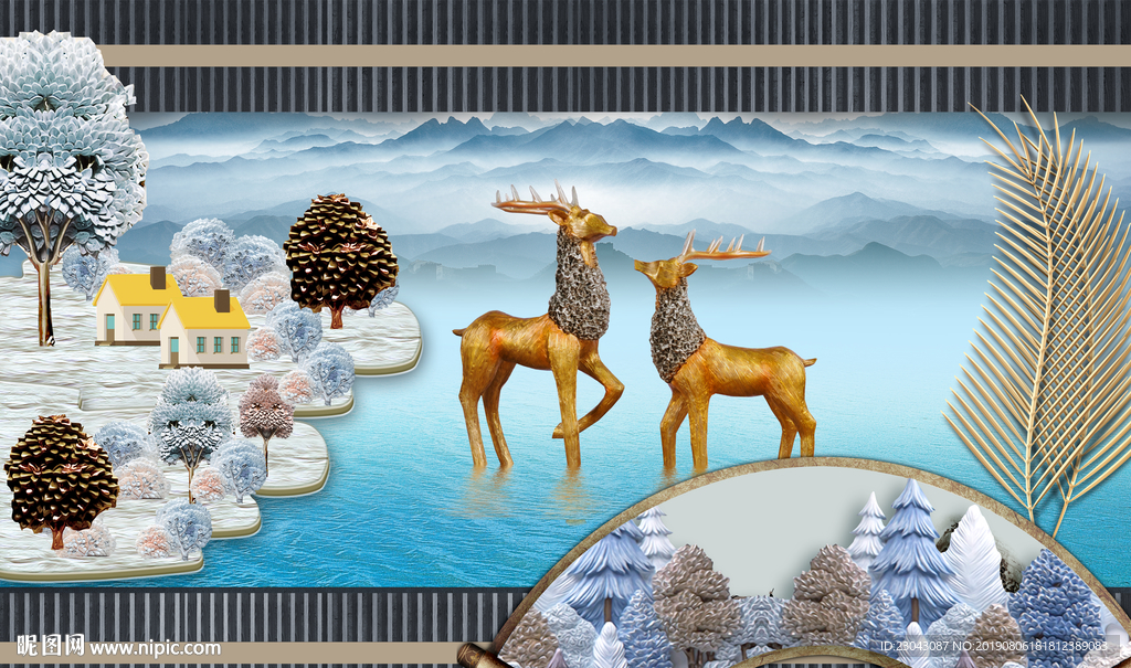 北欧现代立体浮雕森林麋鹿装饰画