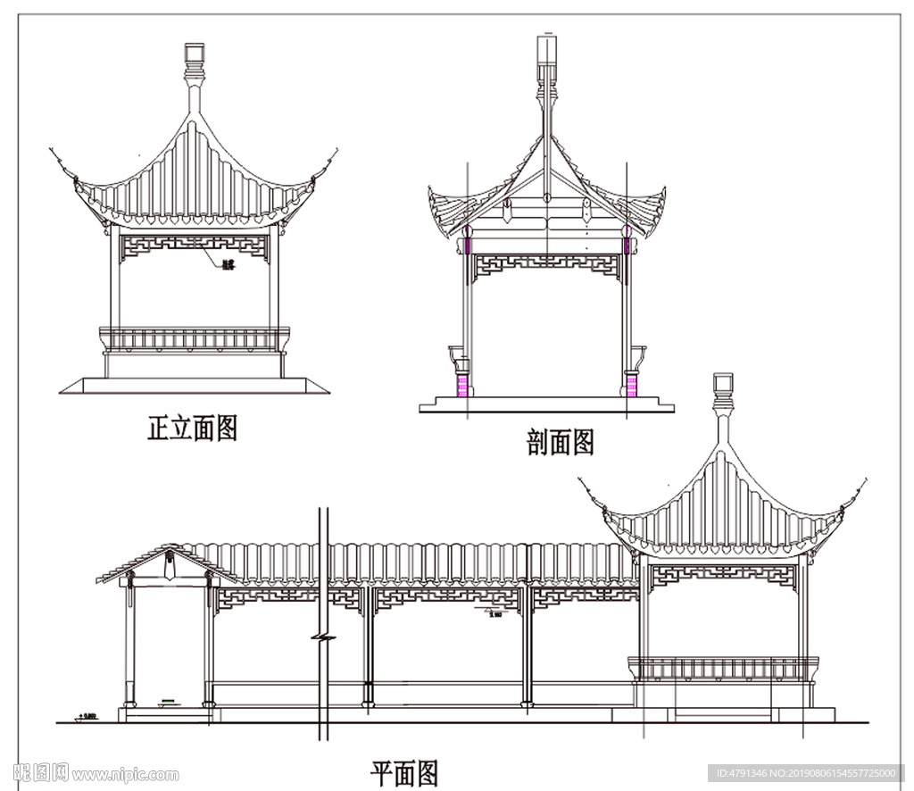 连廊四角亭线条图