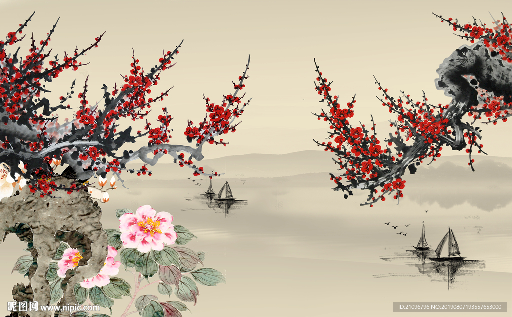 国画梅花背景墙