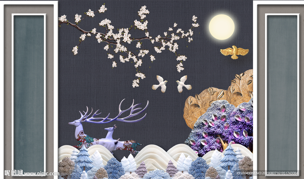 现代简约浮雕麋鹿北欧背景墙