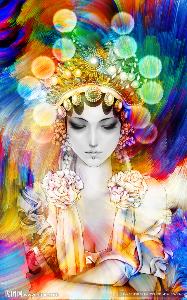 新中式炫彩京剧花旦插画玄关背景