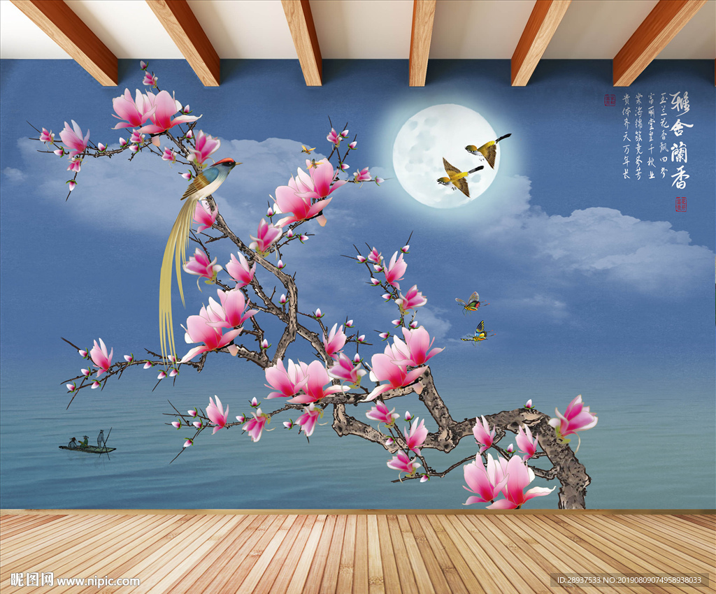 原创手绘玉兰喜鹊雅啥兰香背景墙