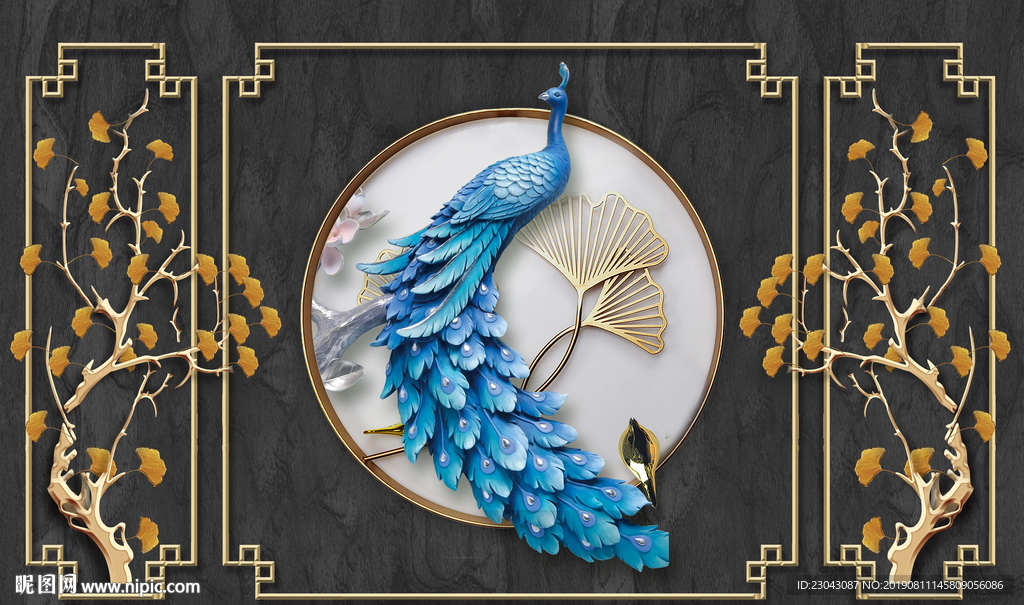 浮雕立体现代简约花卉孔雀背景墙