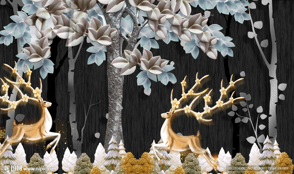 立体麋鹿发财树北欧简约浮雕背景
