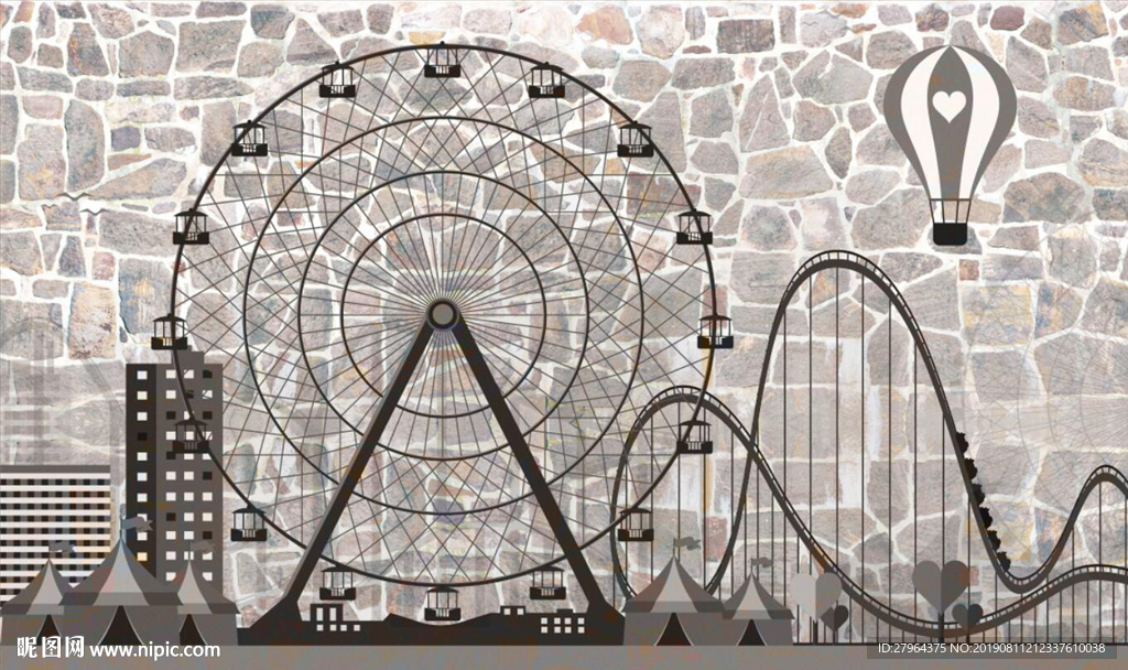 手绘建筑速写摩天轮背景墙