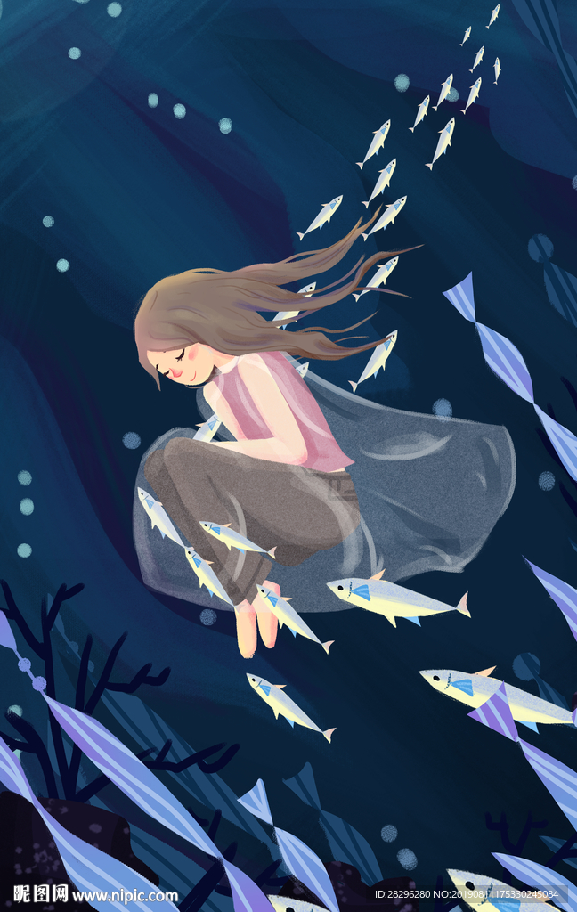 世界海洋日少女海底插画