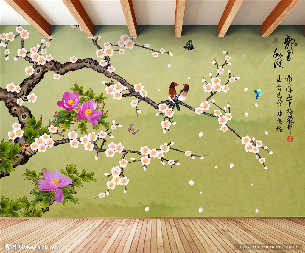 原创梅花喜鹊飘香私语背景墙