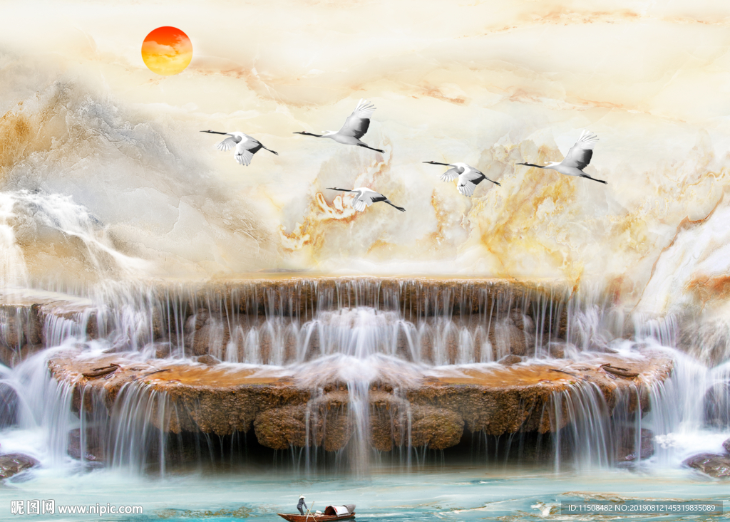 大理石纹瀑布山水