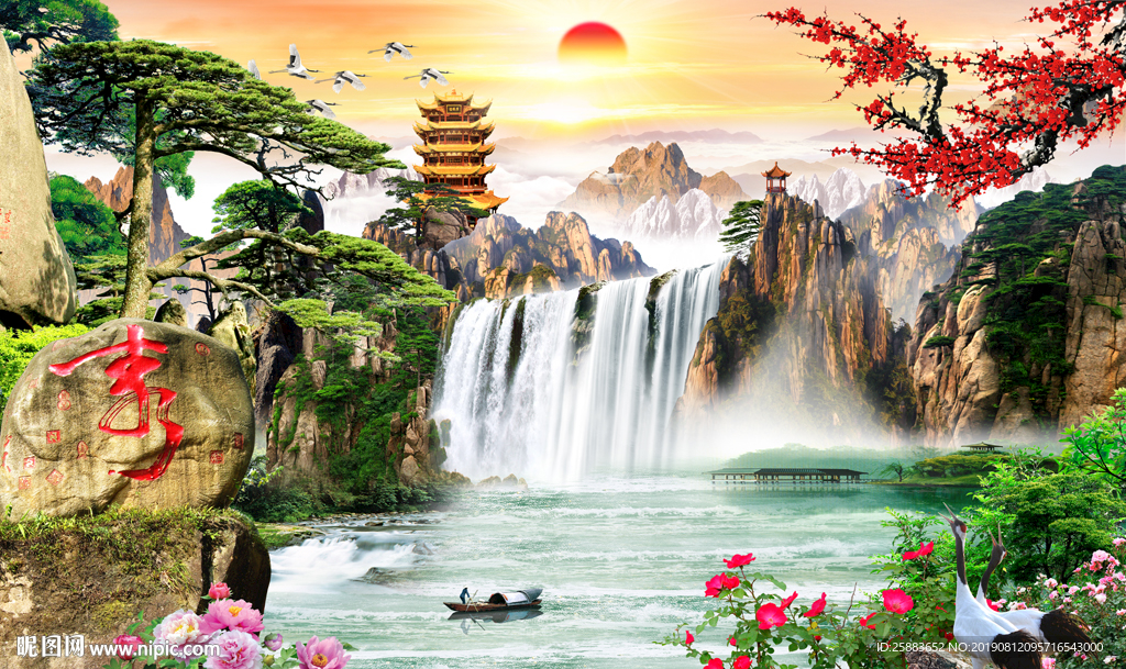 迎客松黄鹤楼山水电视背景墙