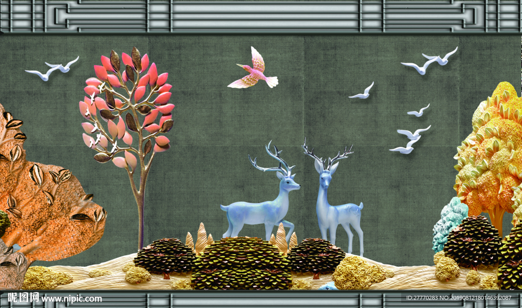 立体麋鹿发财树北欧简约浮雕背景