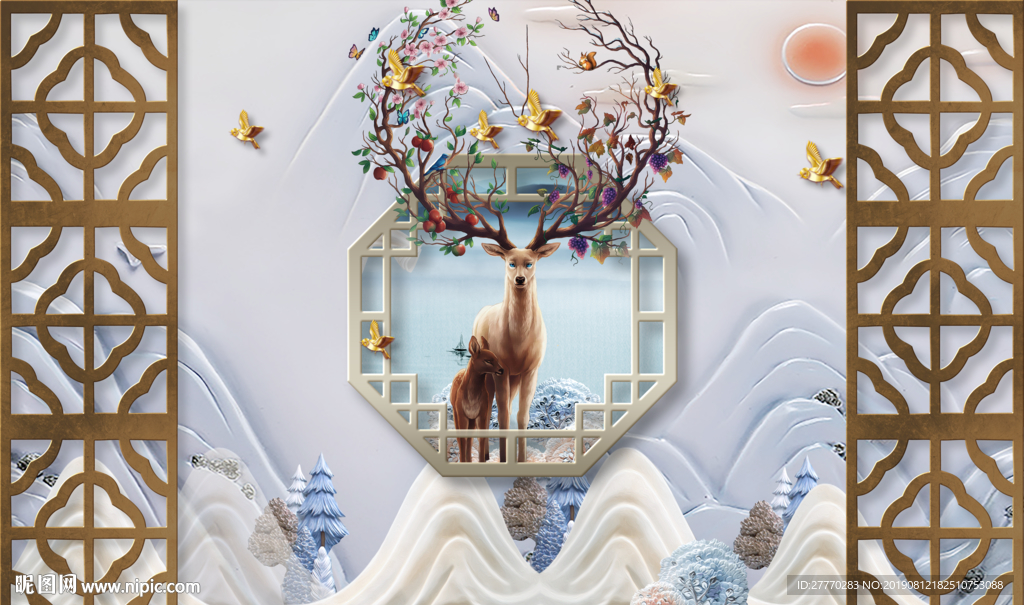 新中式浮雕麋鹿风景电视背景墙