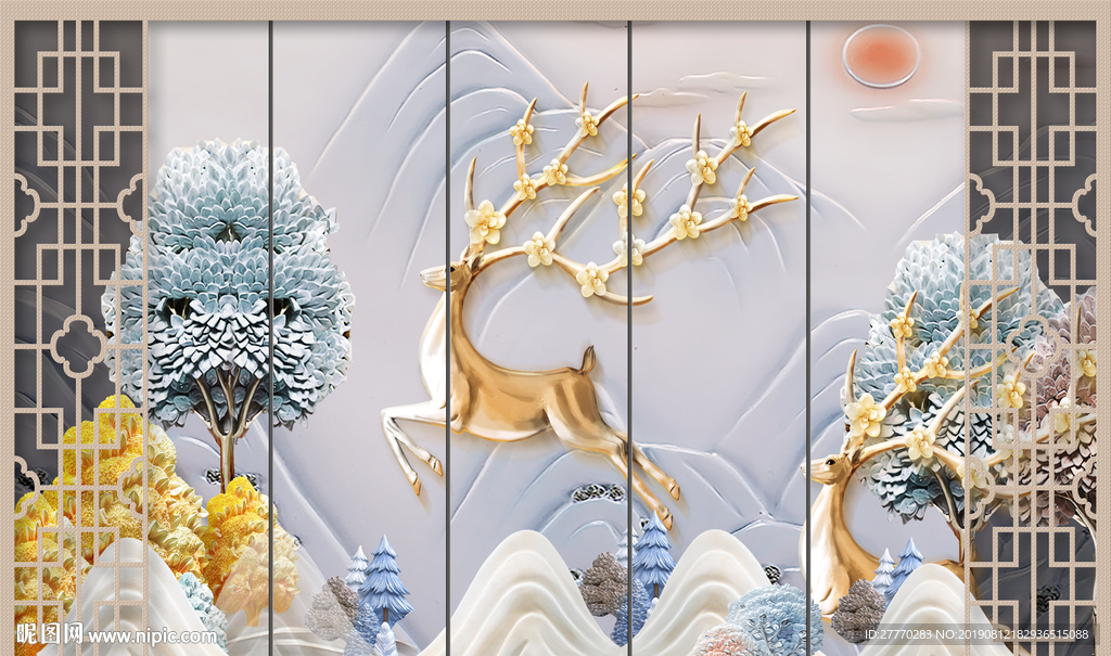 新中式麋鹿浮雕发财树背景墙