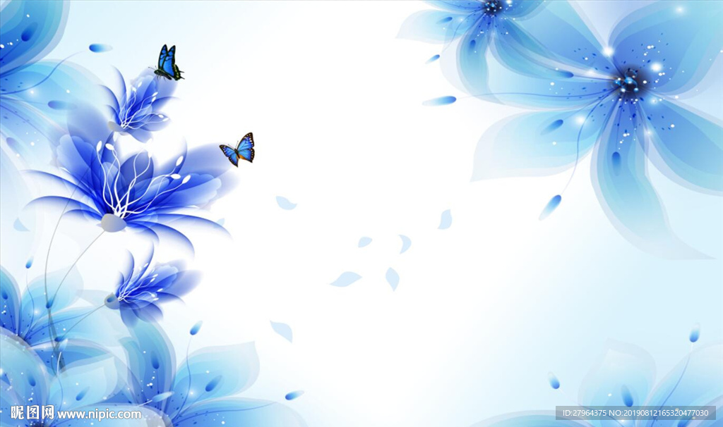 清新淡雅蓝色花朵蝴蝶背景墙