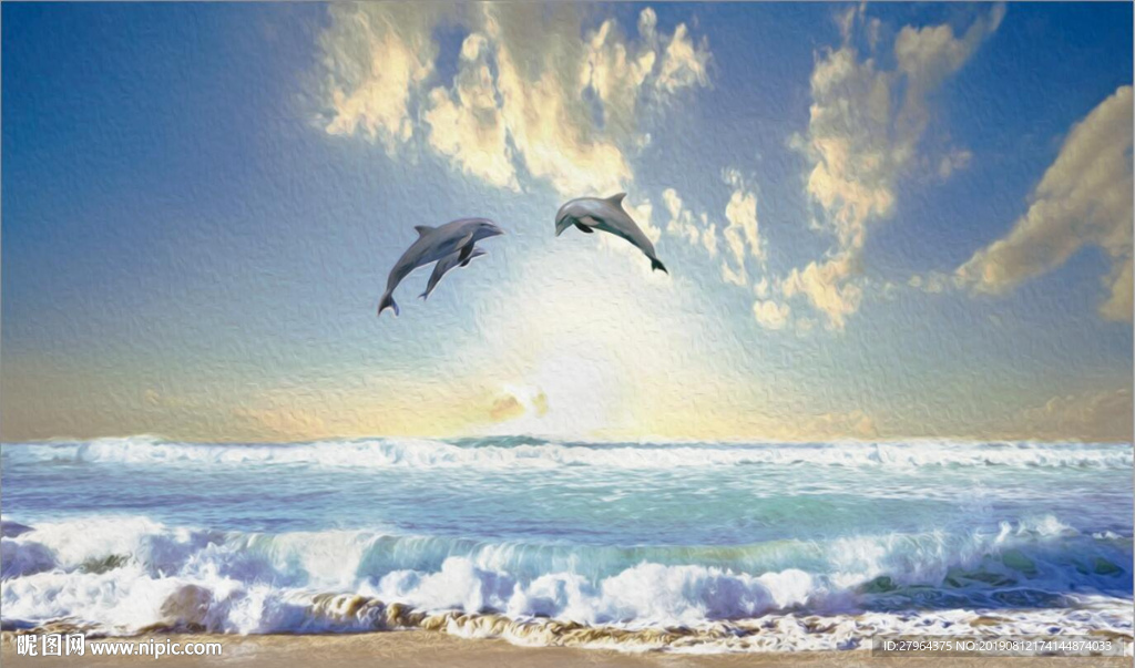 油画肌理海景海豚背景墙