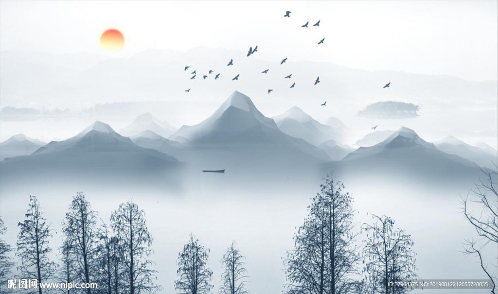 中国风山水树林客厅电视背景墙