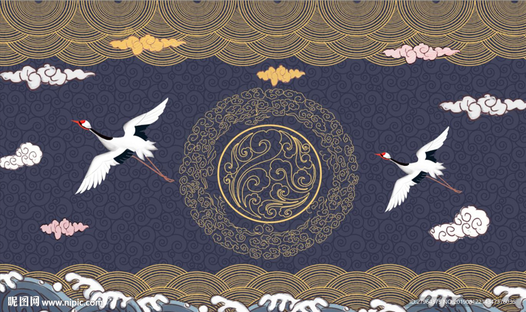 新现代国潮传统花纹仙鹤背景墙