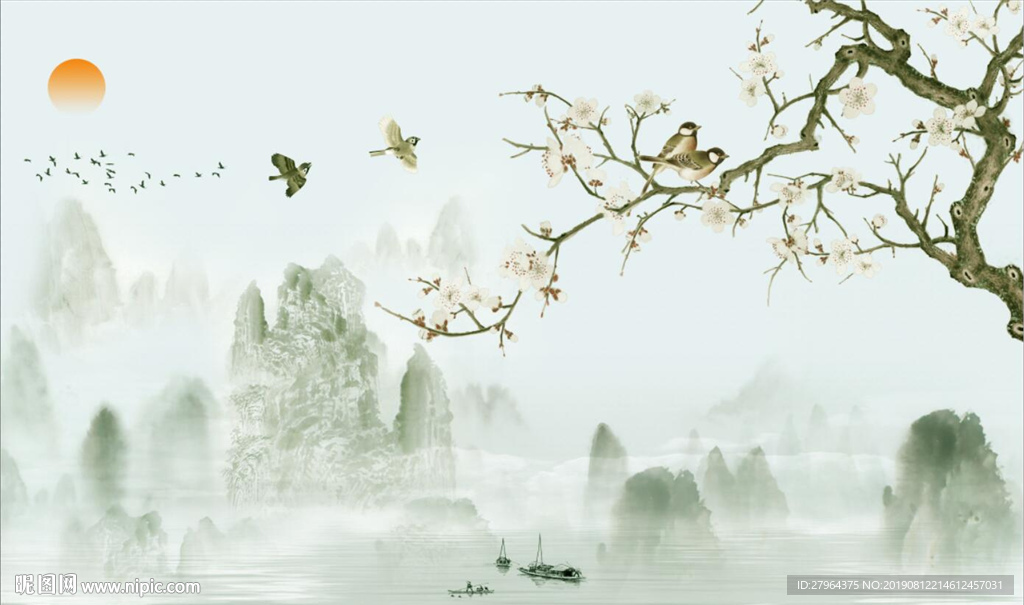 中式花鸟云雾山水画电视背景墙