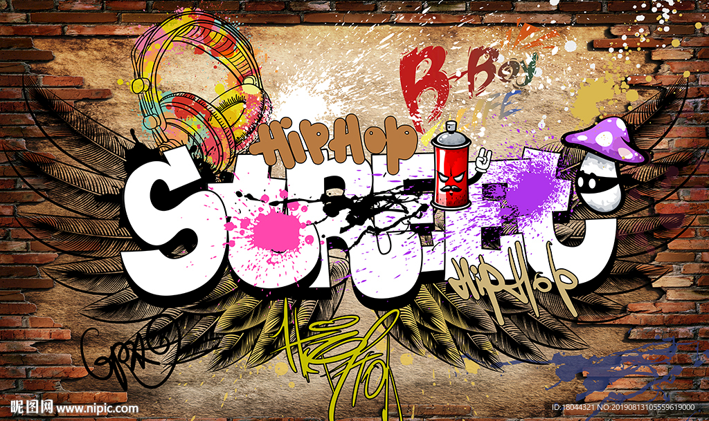 复古砖墙翅膀街头涂鸦工装背景墙