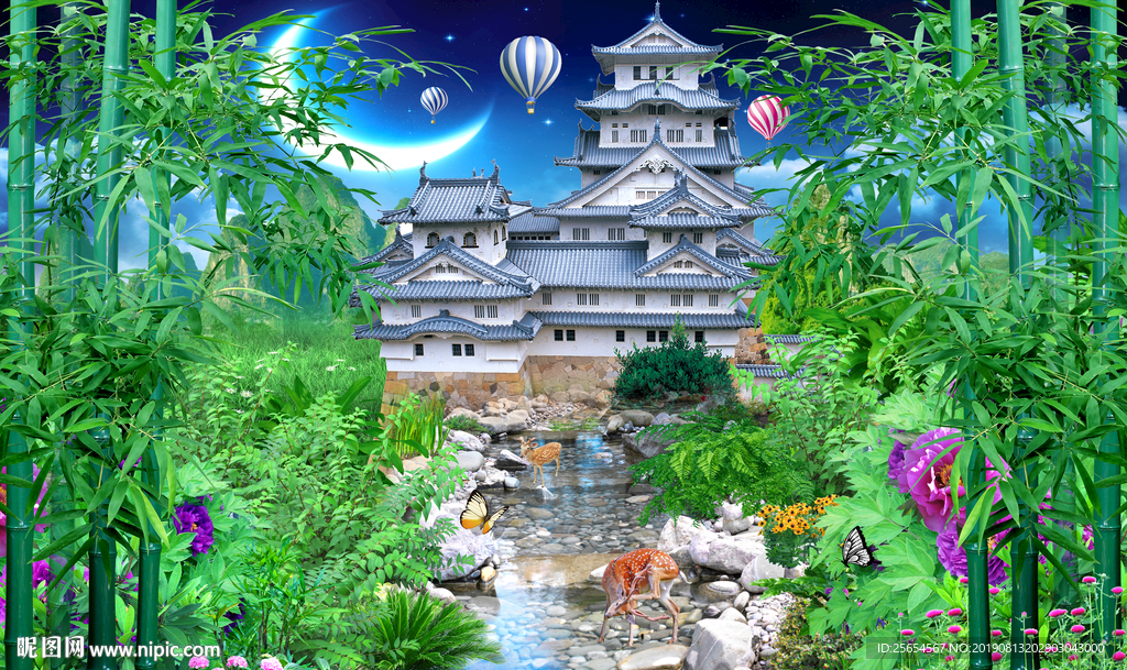 梦幻城堡后花园风景画背景墙