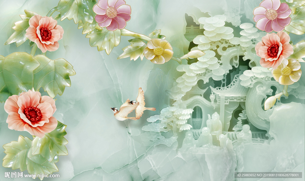 花鸟玉雕电视背景墙