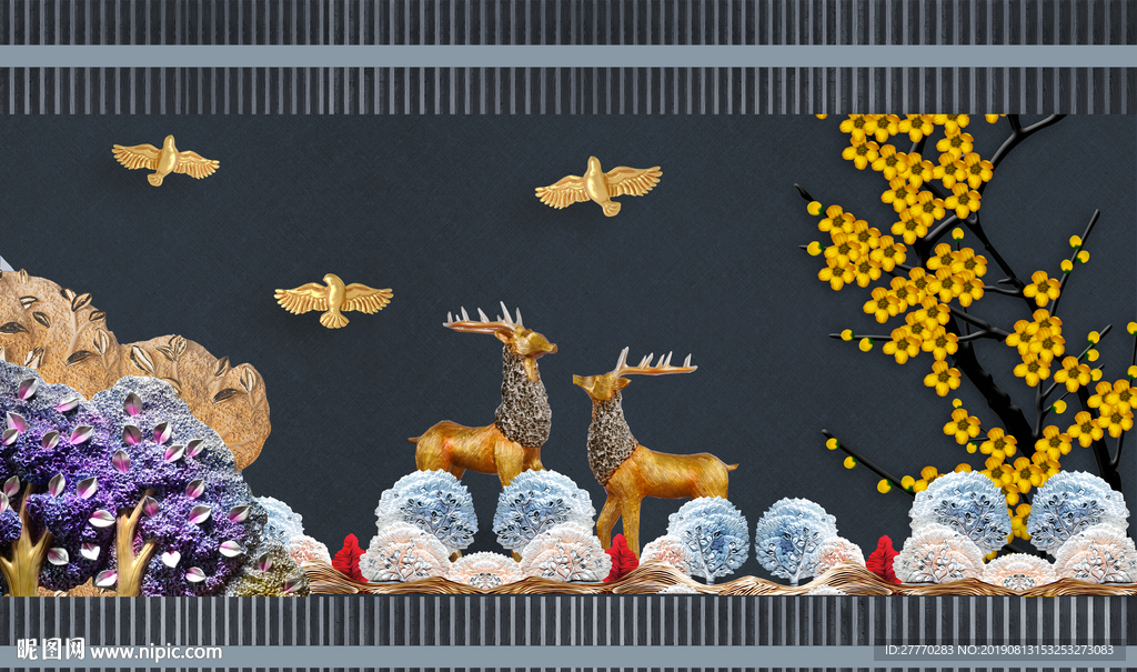 金色抽象麋鹿山水客厅装饰画