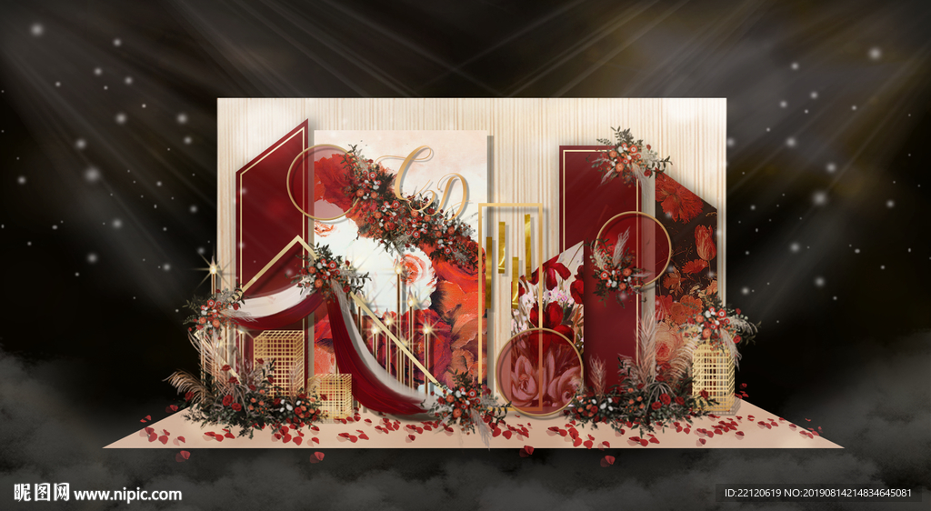 油画花卉美式田园红色香槟色婚礼