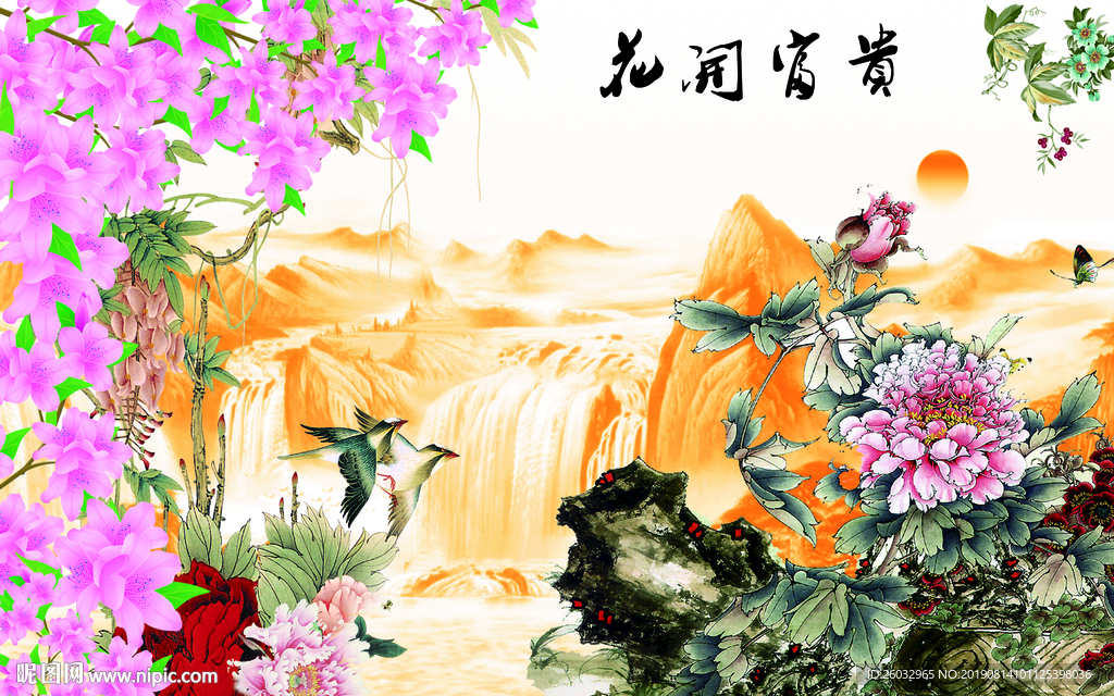 中式花开富贵飞鸟牡丹壁画背景