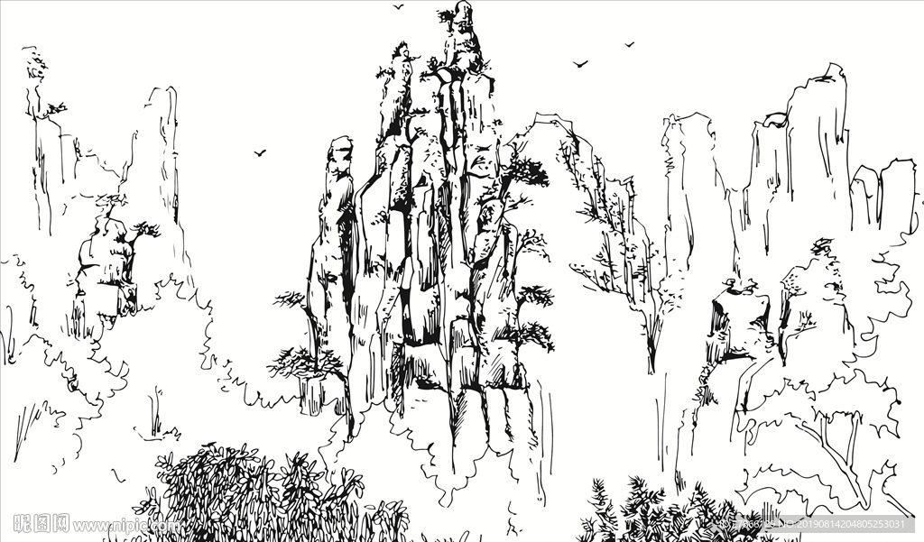 高清矢量素描山水硅藻泥刻图素材
