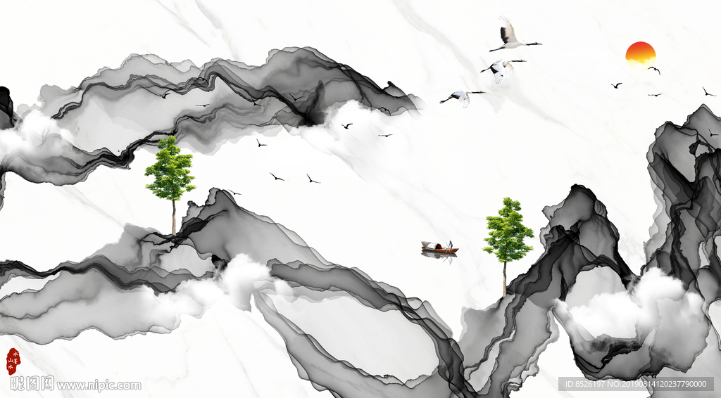 新中式抽象水墨线条山水画