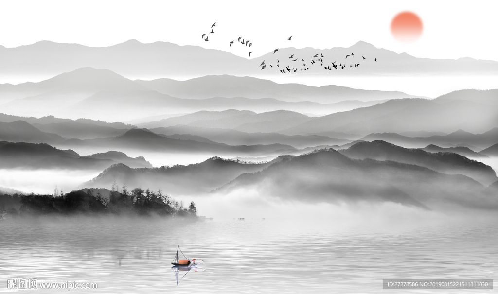 大型抽象水墨意境山水背景墙壁画