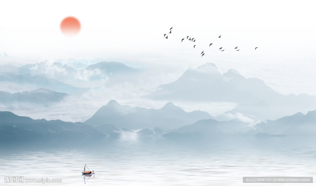 大型创意水墨山水新中式背景墙