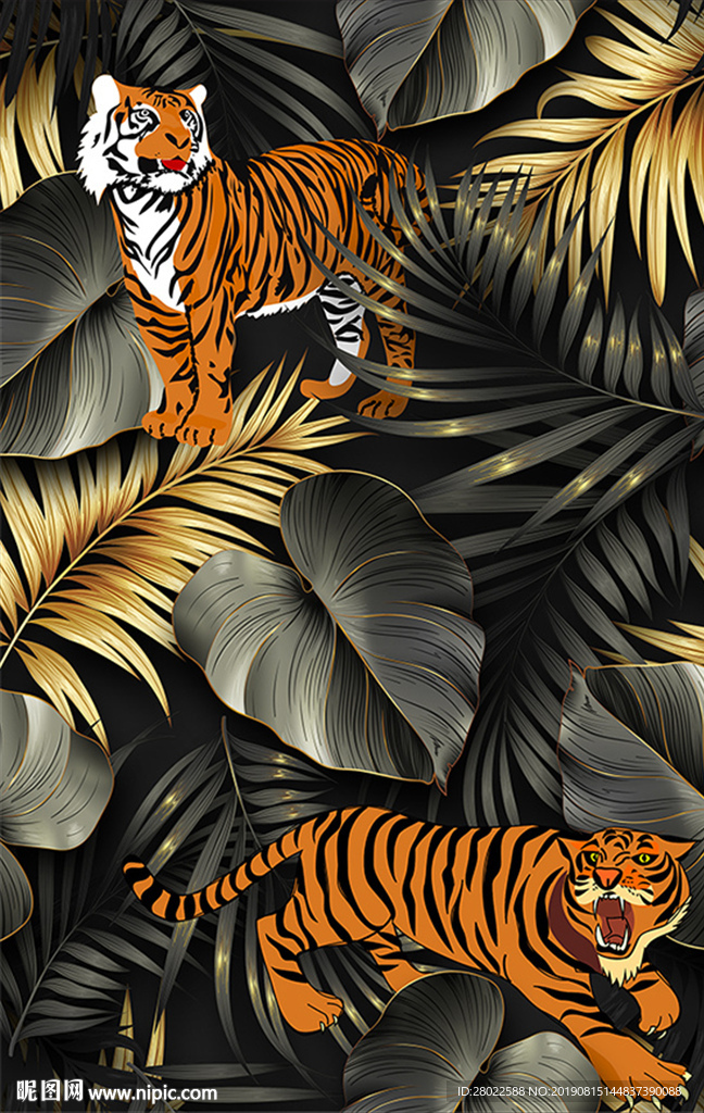 手绘热带植物老虎服装印花图案