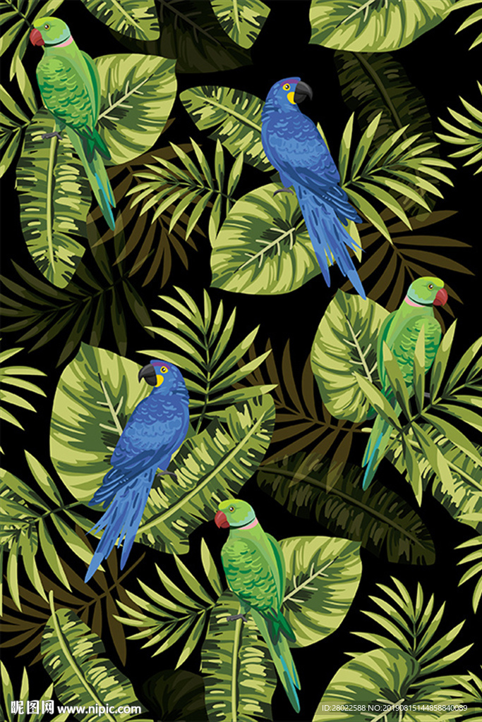 手绘热带植物鸟服装印花图案素材