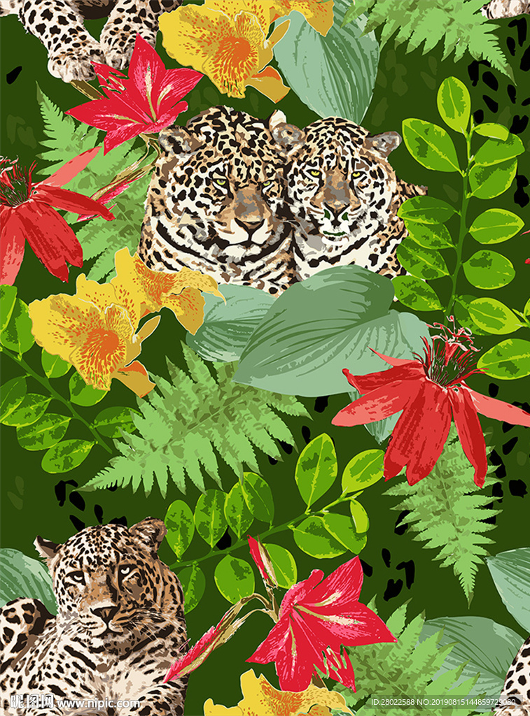 手绘热带植物花卉猎豹服装印花