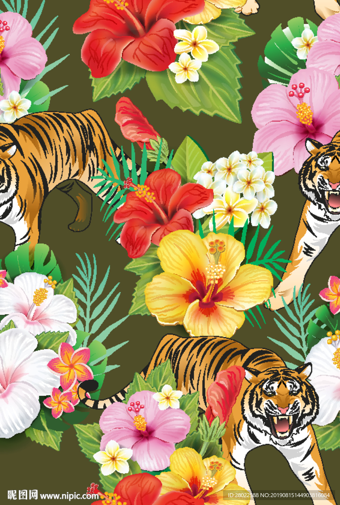 手绘热带植物老虎服装印花图案
