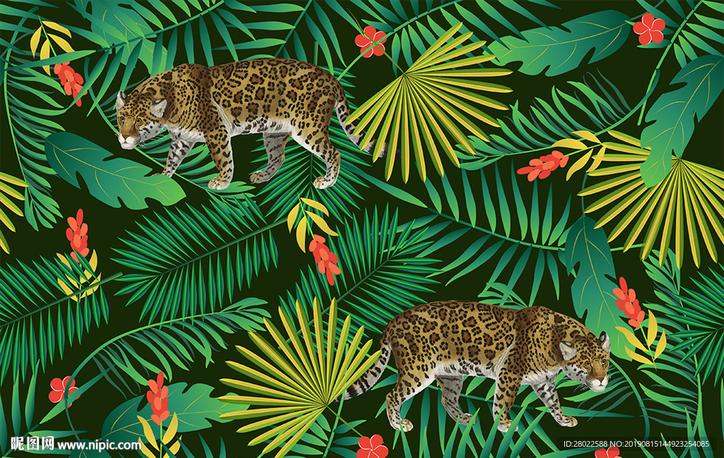 手绘热带植物花朵猎豹服装印花图