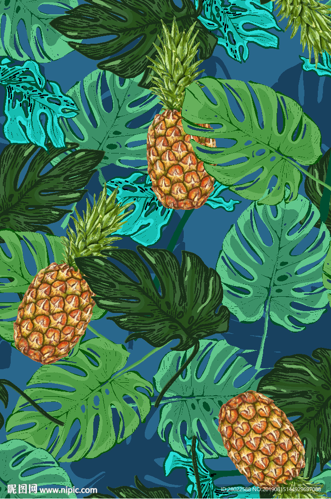 手绘热带植物树叶菠萝印花图案