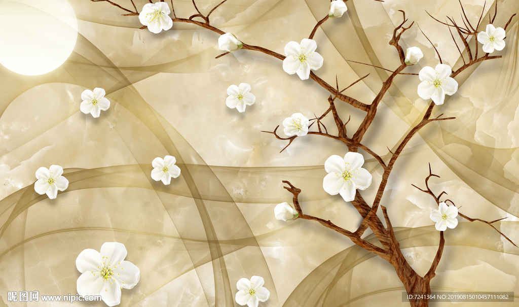 茉莉花树圆月大理石背景立体壁画