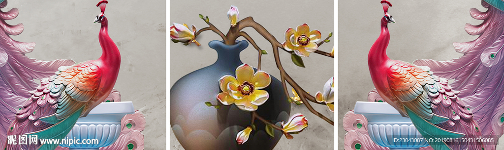 中式立体浮雕金色孔雀花瓶三联画