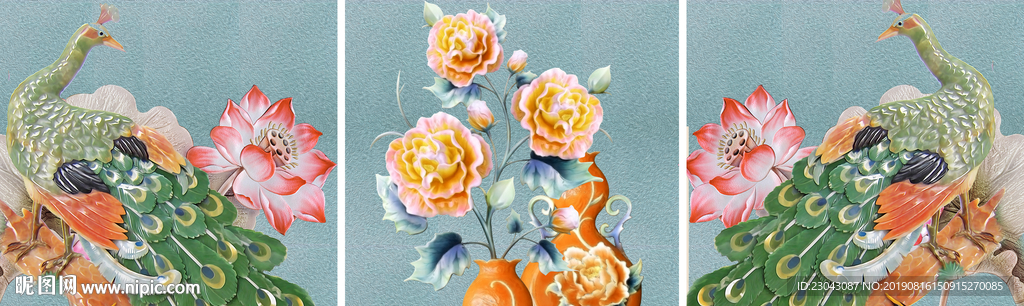 孔雀花瓶浮雕装饰画