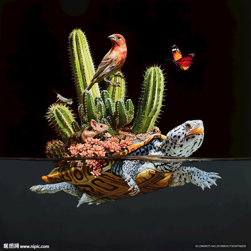 乌龟老鼠鸟仙人掌蝴蝶创意水彩画